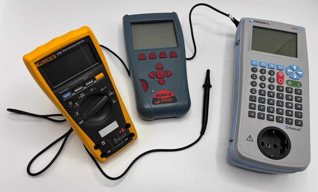 Fluke multimeter, NOVA 2 laser meter, Rigel 288+ electrical safety analyzer